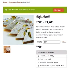 Sweet/Product 1 added to cart successfully